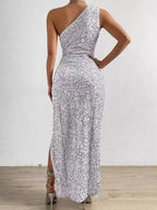 Sequined One-shoulder Sleeveless Slit Maxi Dresses