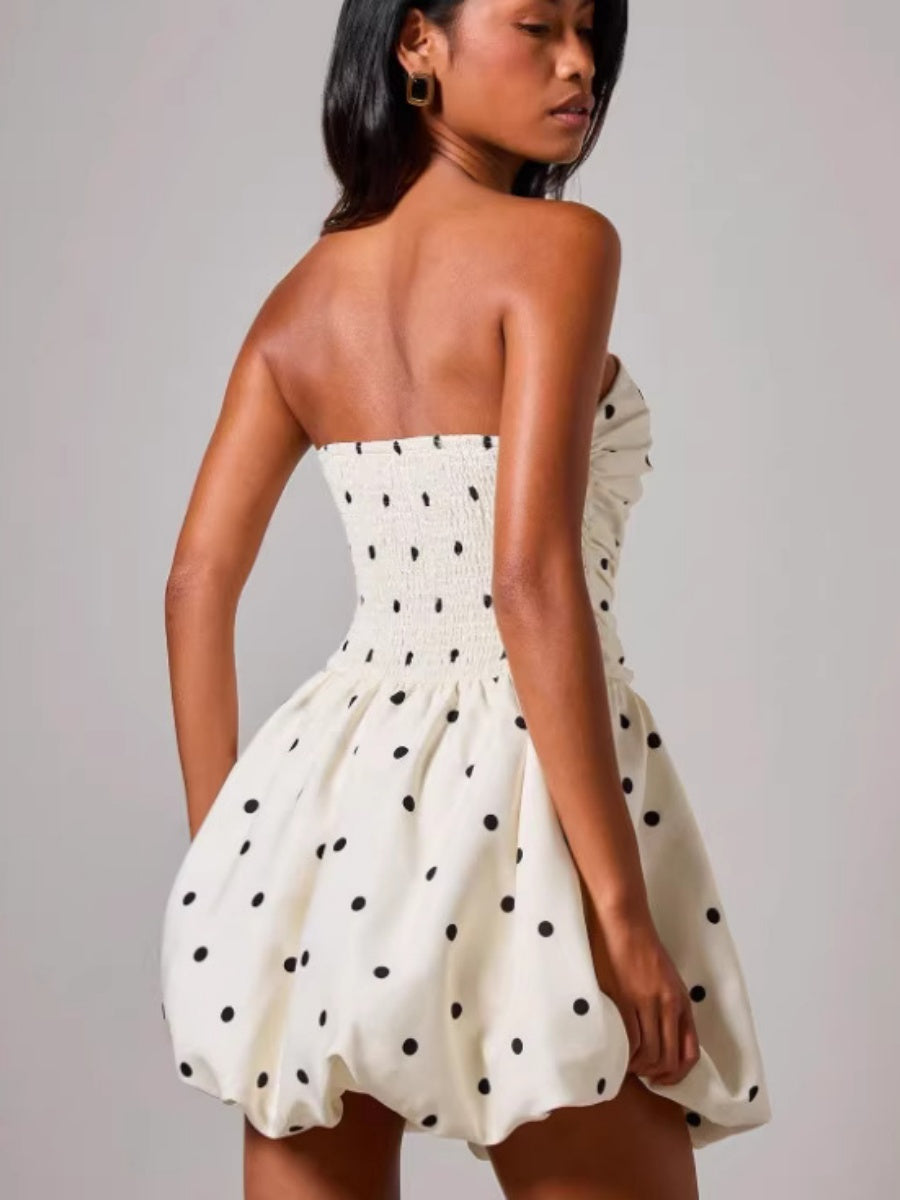 Polka Dot Print Patchwork Strapless Top Mini&Short Dresses