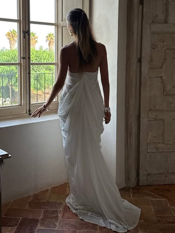 Loose-fitting, Backless, Sleeveless, V-neck, Pleated Halter-neck Mesh Long Dress