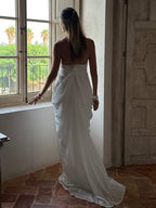 Loose-fitting, Backless, Sleeveless, V-neck, Pleated Halter-neck Mesh Long Dress