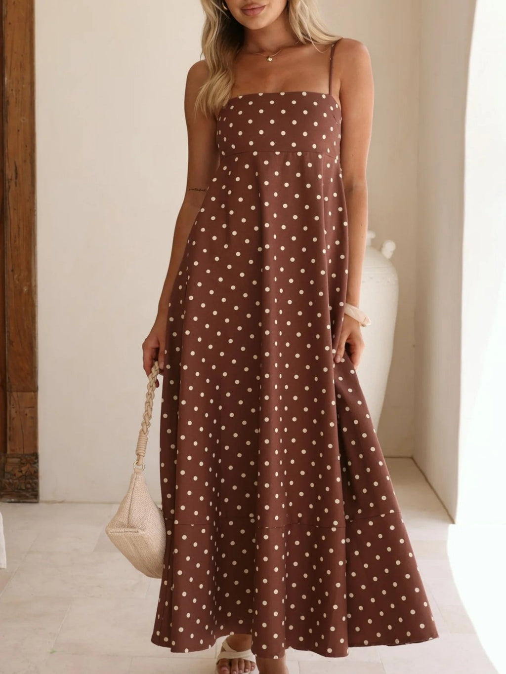 Polka Dots High-waisted Halter Top Large Skirt Maxi Dresses