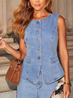 Denim Vest Wide-leg Long Two-piece Set