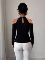 Black Halter Neck Style Off-shoulder Lace Decoration Ruffled Hem Waist Elegant Party Outfit T-shirt