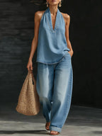 Vintage Distressed Washed Denim Sleeveless Top And Loose-fitting Trousers Two-piece Set