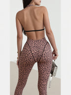 Leopard Print Halter Neck V-neck Backless Jumpsuits