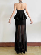 Mesh Splicing Perspective Neckband Ruffle Maxi Dresses