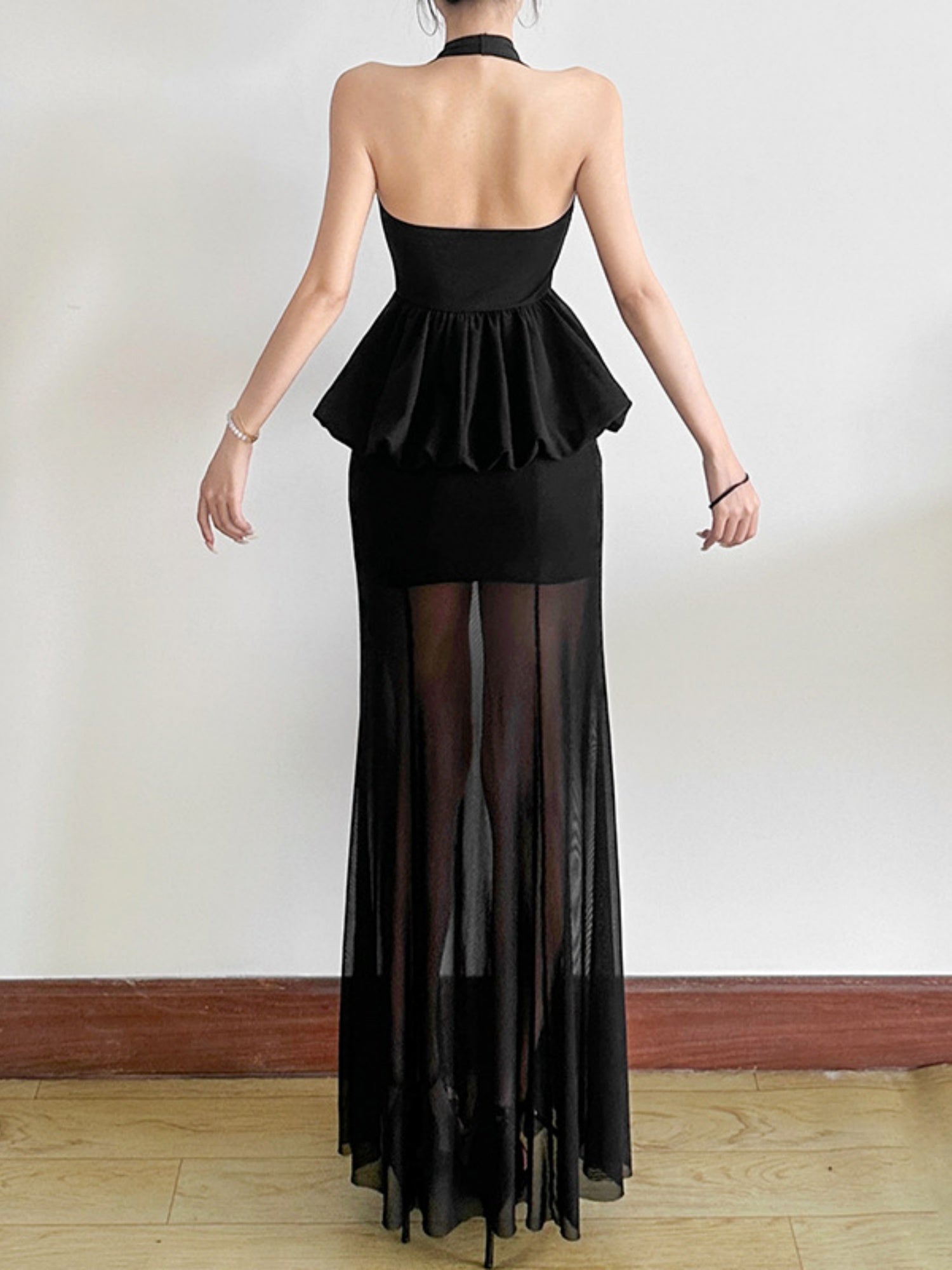 Mesh Splicing Perspective Neckband Ruffle Maxi Dresses