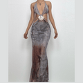 Halter self tie deep V neck sheer mesh shell applique maxi dress  | Festival Outfits Women