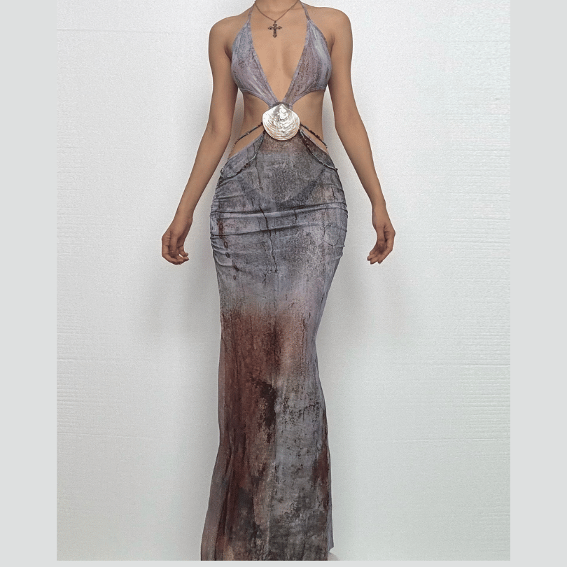 Halter self tie deep V neck sheer mesh shell applique maxi dress  | Festival Outfits Women