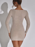 Crew Neck Long Sleeve Allover Rhinestone Grid Bodycon Mini Dress