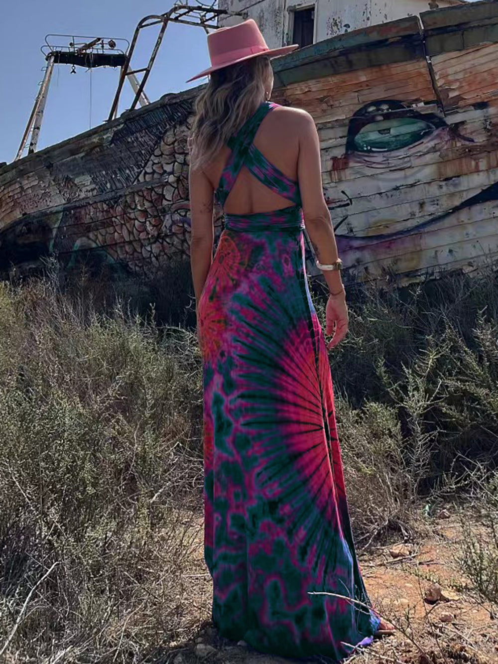 Tie Dye Print Halter Deep V-Neck Wrapped Waist Bodycon Maxi Dress