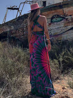 Tie Dye Print Halter Deep V-Neck Wrapped Waist Bodycon Maxi Dress