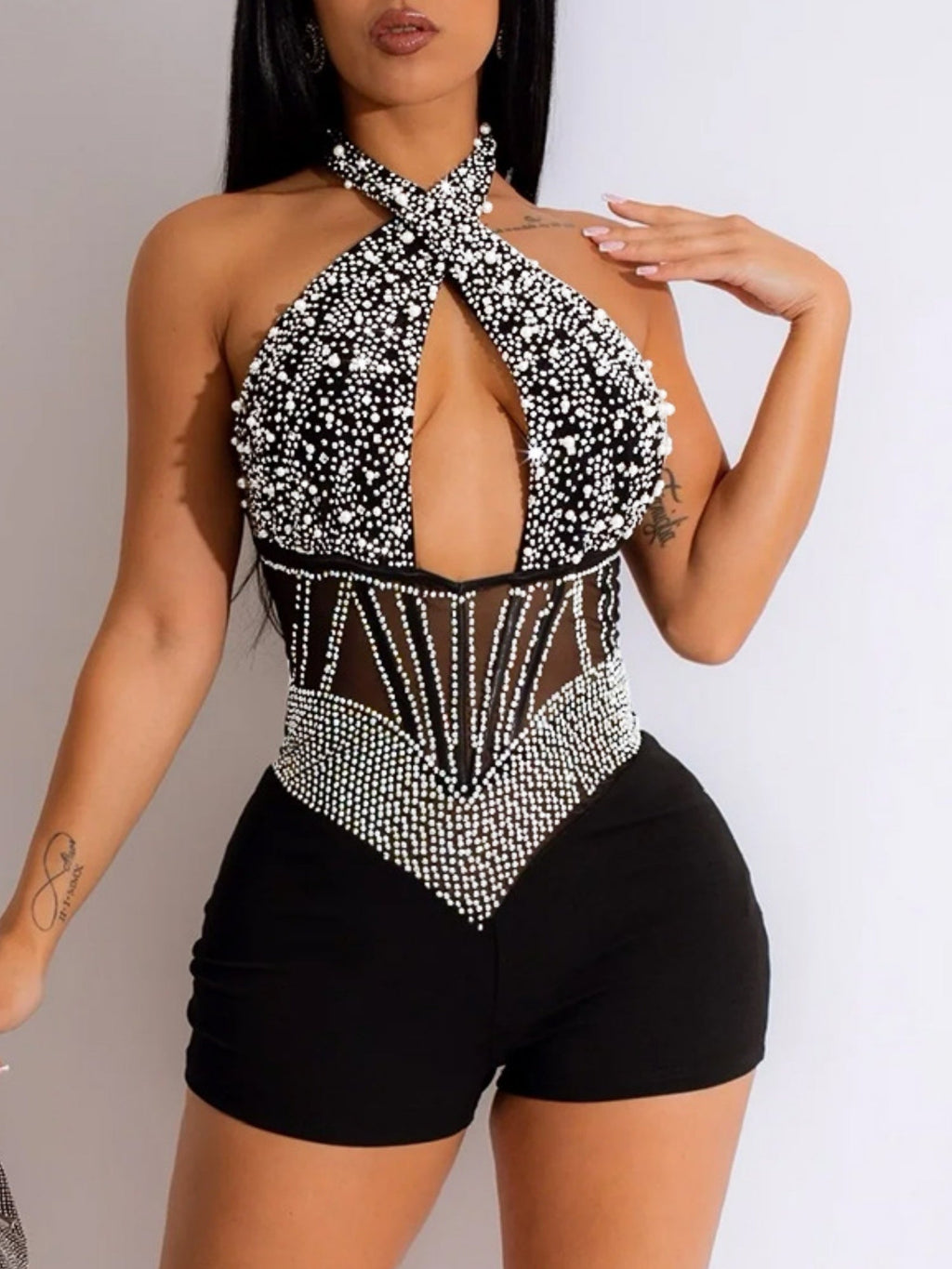 Hot-fix Rhinestones And Bubbles Mesh Splicing Halter Neck Cutout Sleeveless Jumpsuits