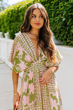 Large Scale Floral Print Deep V-Neck Flutter Sleeve High Split Maxi Dress
