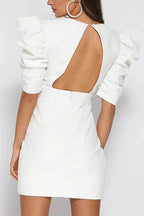 V Neck Backless Ruched Puff Sleeves Mini Dress