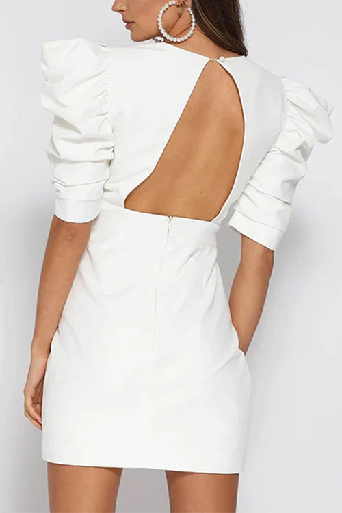 V Neck Backless Ruched Puff Sleeves Mini Dress