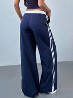 Striped Color Blocking Elastic Waistband Lace Up Pants