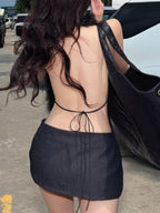 Plush Patchwork Neckband Backless Tank Tops