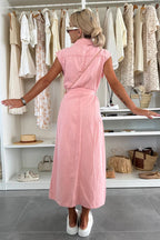 Sleeveless Collared Button Down Tie Waist Chest Pocket Midi Shirt Dress