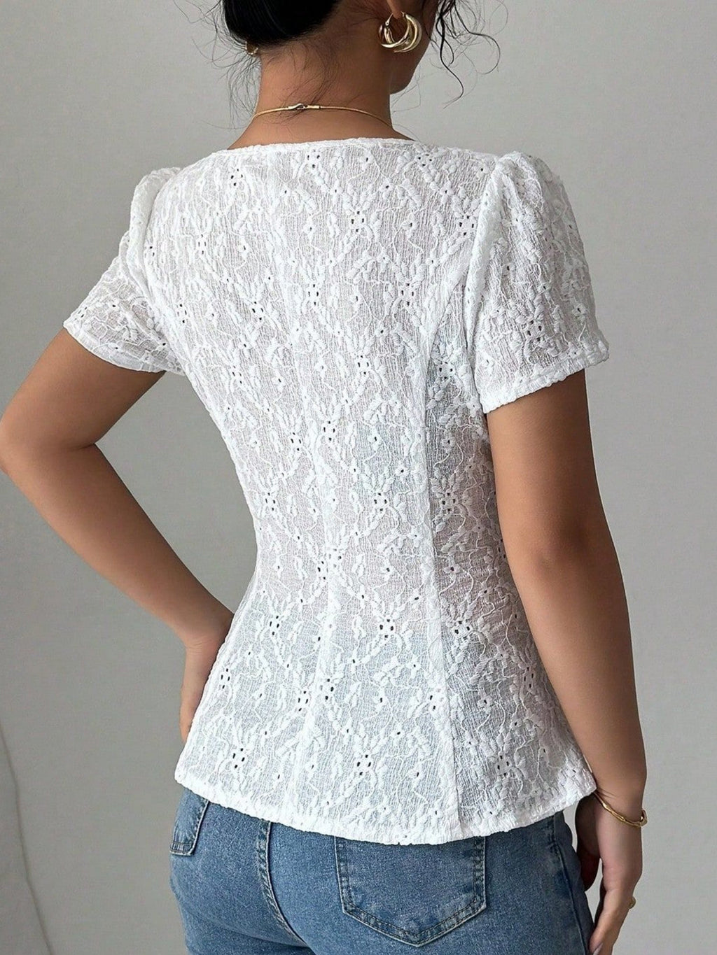 Lace Bow Tie Square Neck Short Sleeve T-shirts