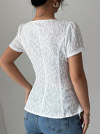 Lace Bow Tie Square Neck Short Sleeve T-shirts