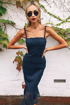 Square Neck Lace Crochet Mermaid Ruffle Hem Midi Dress