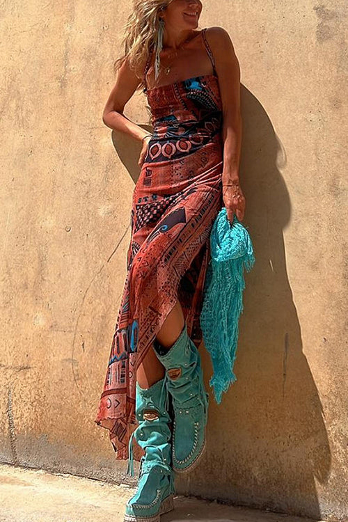 Scoop Neck Spaghetti Strap Patchwork Geometric Print Maxi Dress