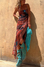Scoop Neck Spaghetti Strap Patchwork Geometric Print Maxi Dress
