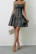 Denim Spaghetti Strap Bustier Zip Front Pleated Fit and Flare Mini Dress