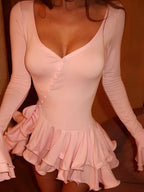U-neck High waist Buttons Mini&Short Dresses