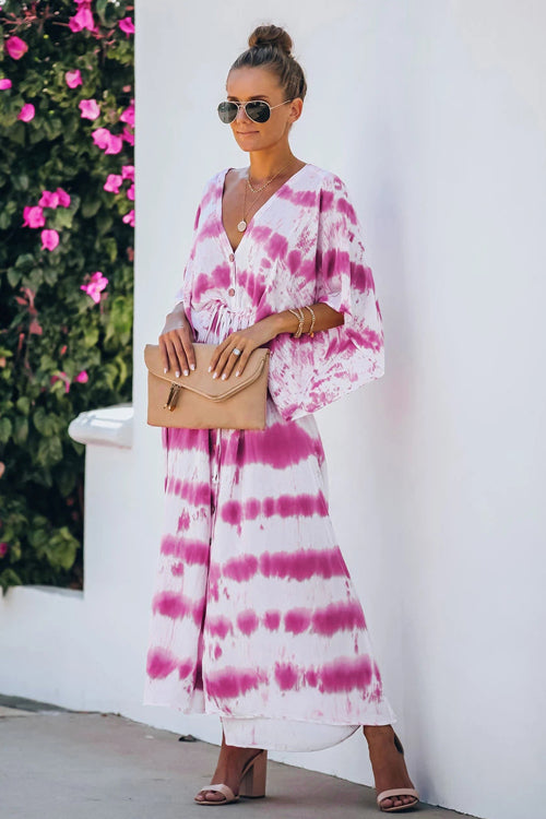 Tie Dye Print Kimono Sleeve Button Front Drawstring Waist Maxi Dress