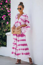 Tie Dye Print Kimono Sleeve Button Front Drawstring Waist Maxi Dress