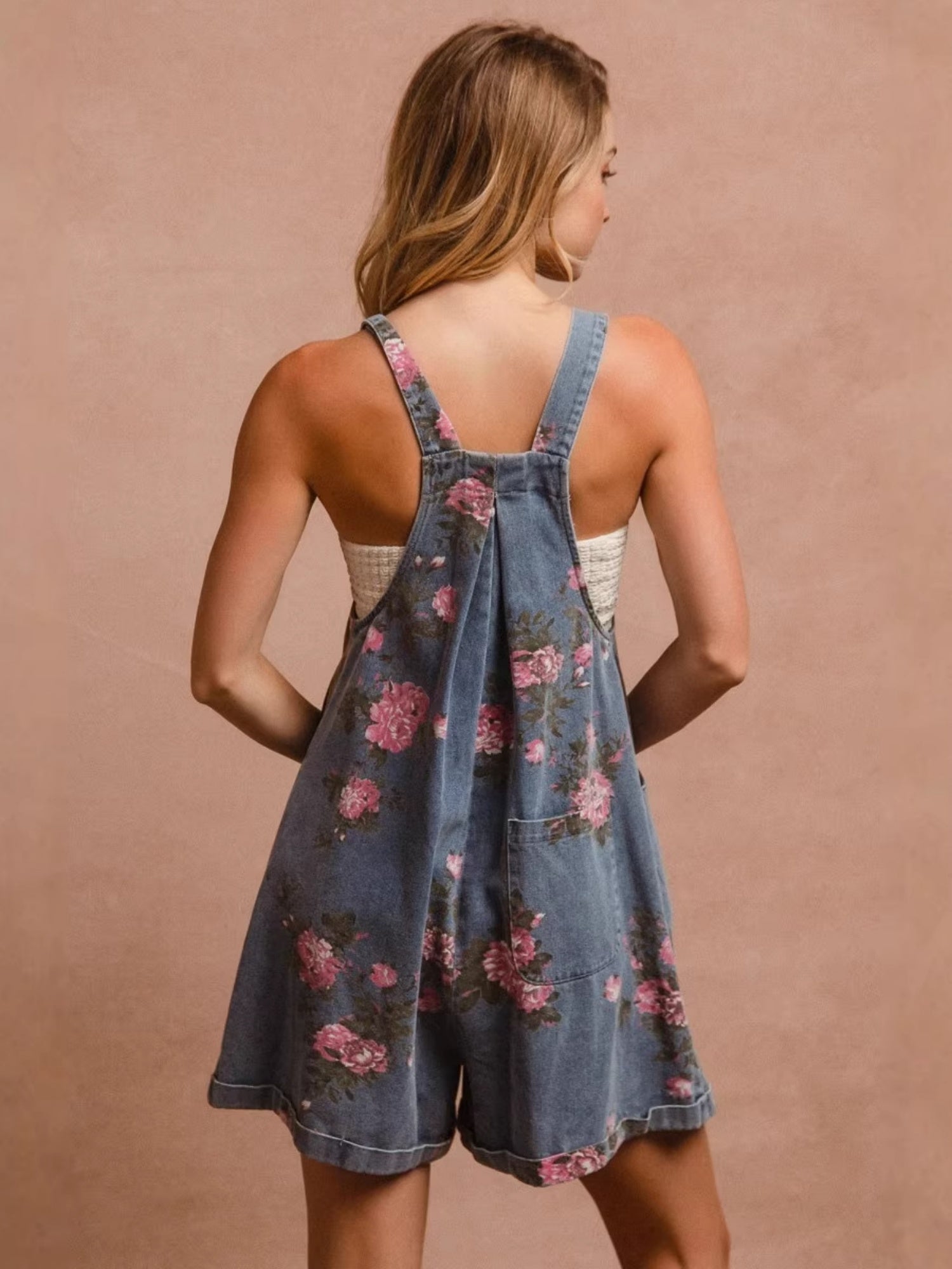 Denim Floral Print Pocket Sleeveless Suspenders Short Jumpsuit