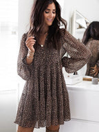 Leopard Print Balloon Sleeve V-neck Full Skirt Mini&Short Dresses