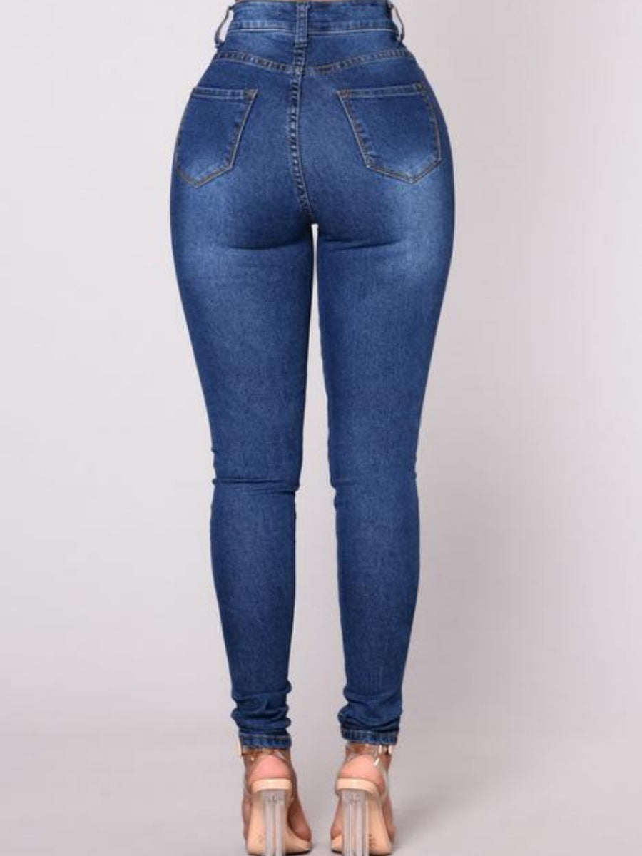 High-waisted Straight Leg Distressed Skinny Jeans