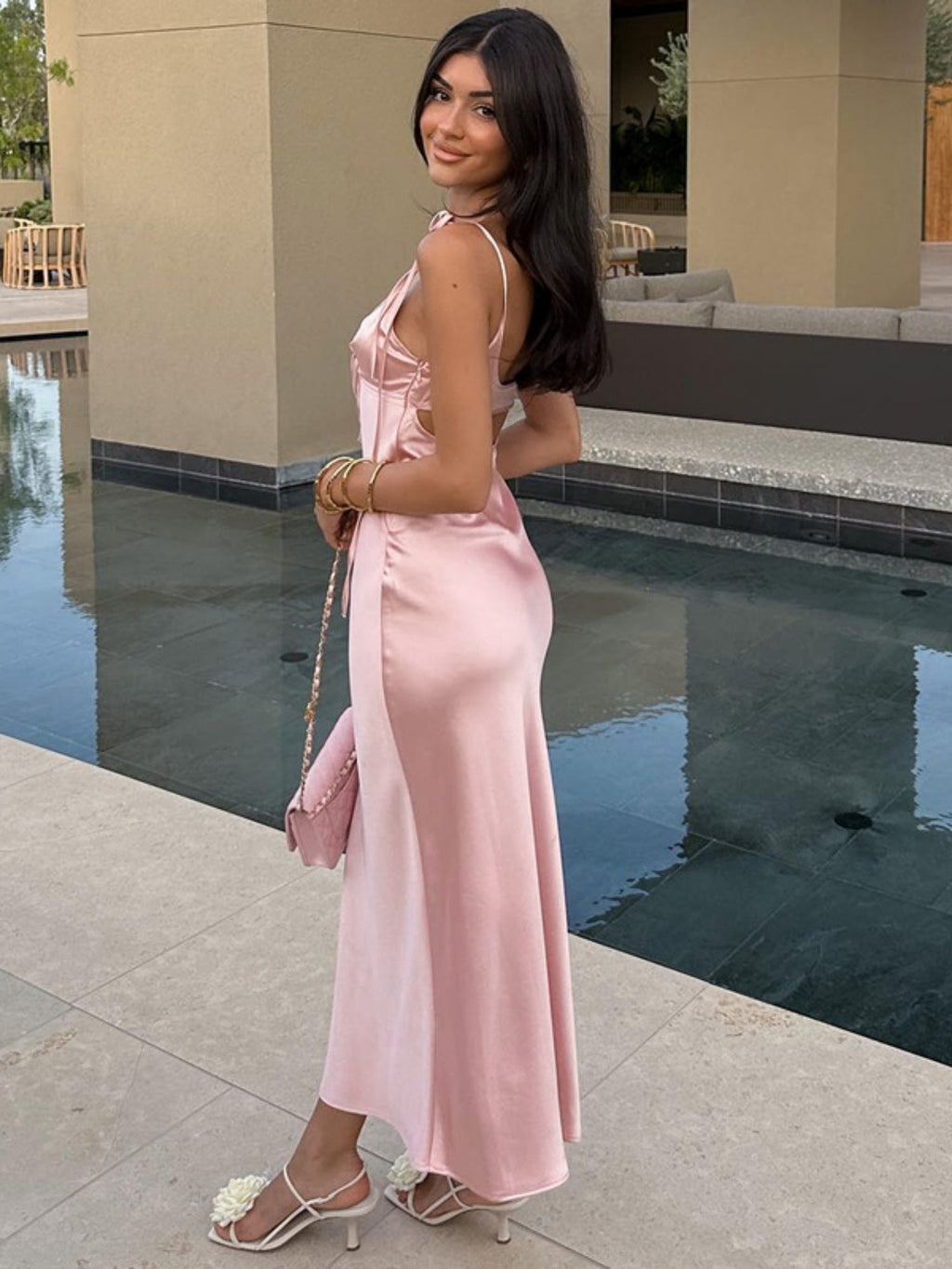 Satin Cross Straps Hollow Out V-neck Sleeveless Maxi Dresses