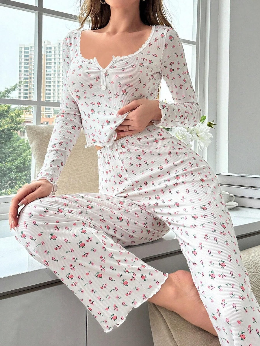 Floral Print Long-sleeved Loungewear Set