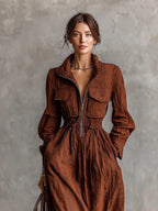 Zippered Lapel Elastic Waist Long Dress