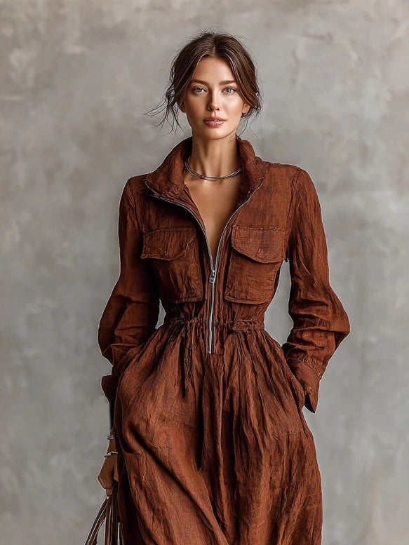 Zippered Lapel Elastic Waist Long Dress