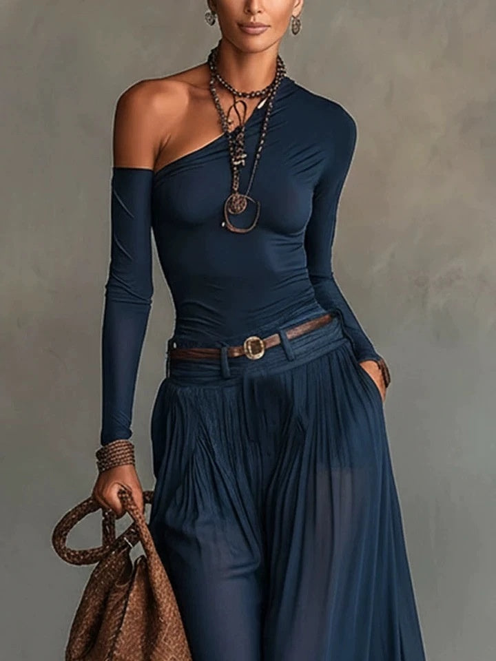 Solid Color, Simple, One-shoulder, Long-sleeved, Casual And Comfortable Two-piece Dress Set With Belt.