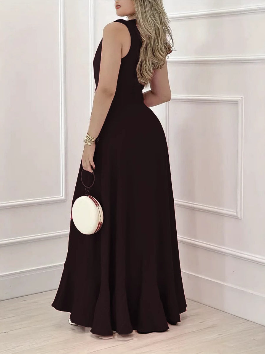 V-neck V-neck Irregular Hem High Waist Slit Temperament Maxi Dresses