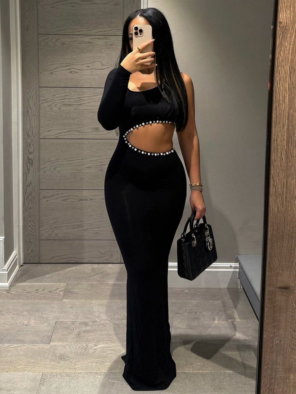 Diamond Pearl Cutout Waist One Shoulder Maxi Dresses