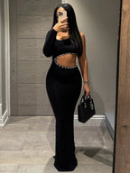 Diamond Pearl Cutout Waist One Shoulder Maxi Dresses