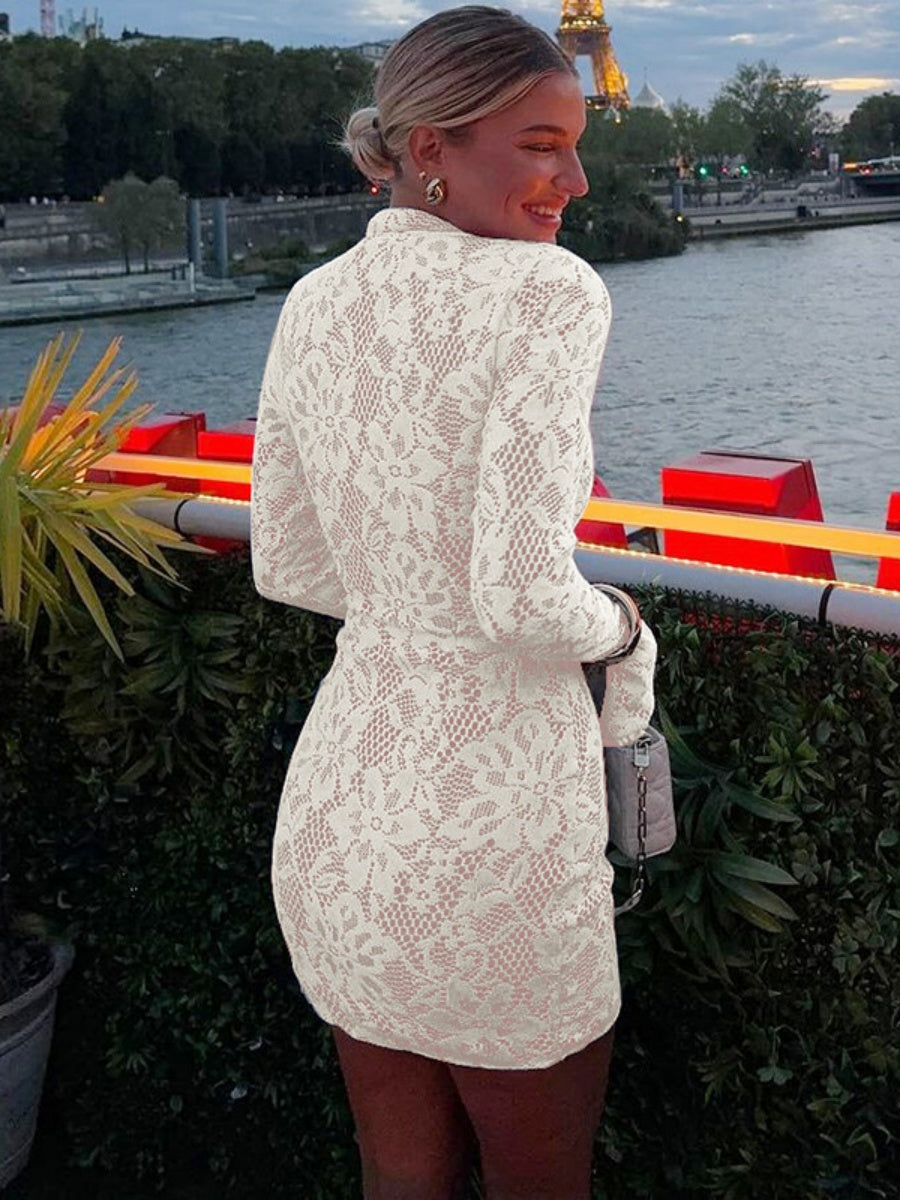 Lace Cutout Bodycon Bell Sleeves Mini&Short Dresses