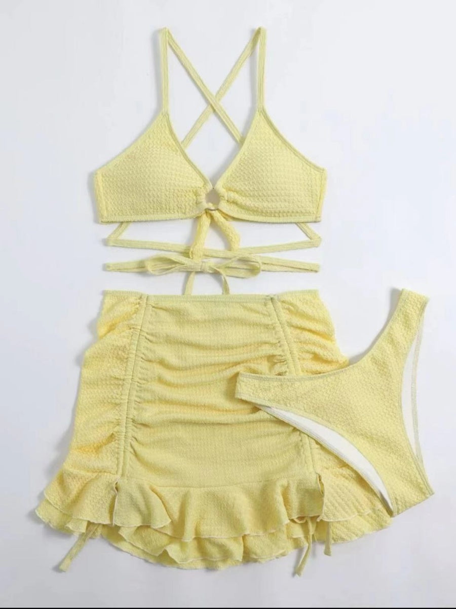Textured Fabric Strappy Bikini Three-piece Set
