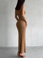 High Neck Sleeveless Bodycon Knitted Midi Dress Elegant French Dress