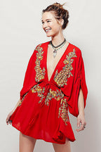 Embroidered Deep V-Neck Bell Sleeve Drawstring Waist Mini Dress