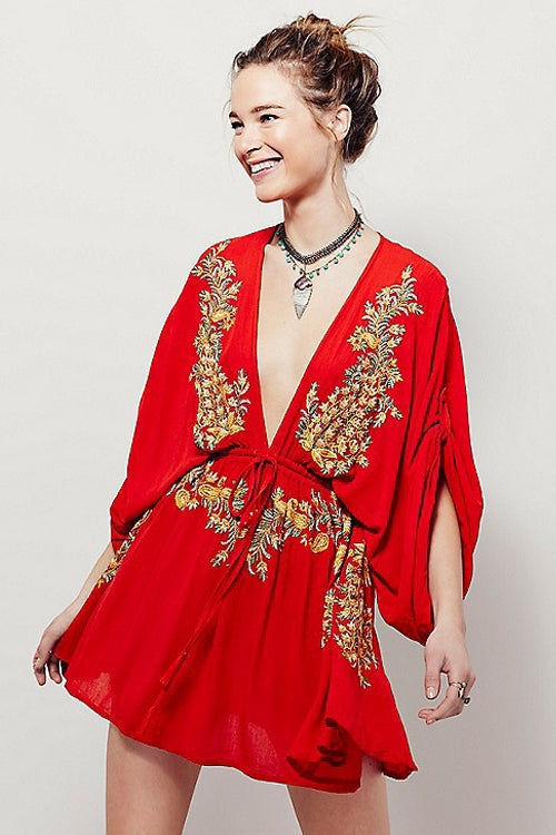 Embroidered Deep V-Neck Bell Sleeve Drawstring Waist Mini Dress