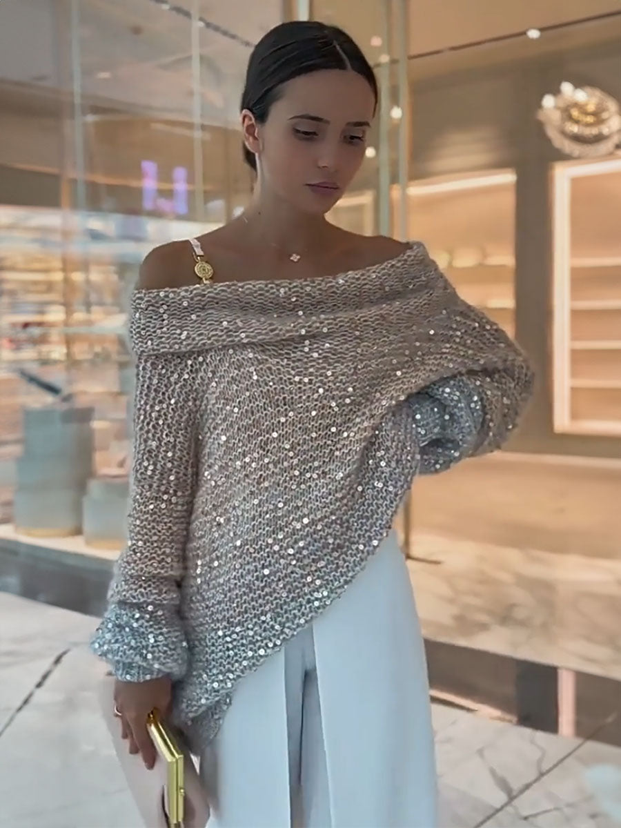 Sparkle Off Shoulder Knit Sweater