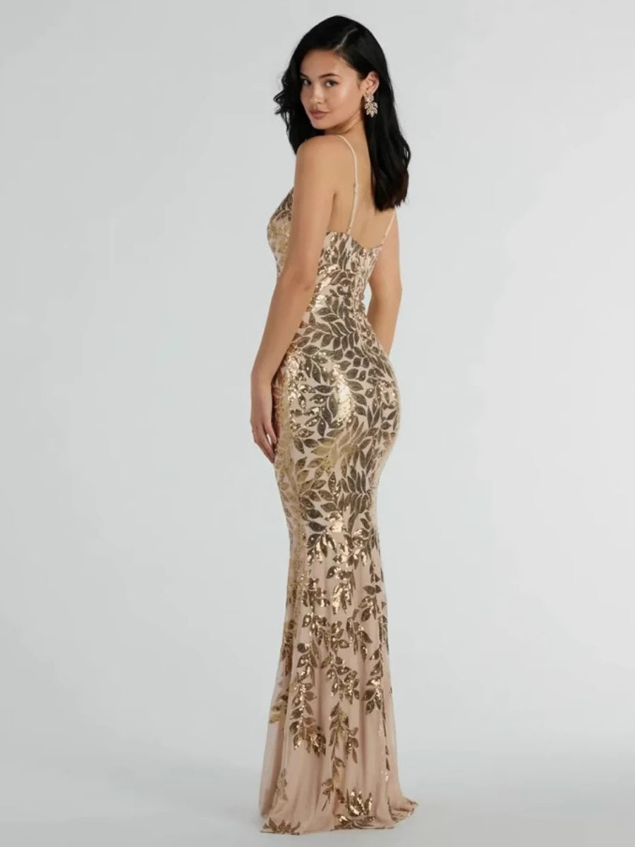 Backless Sequins Gold Parties Maxi Dresses